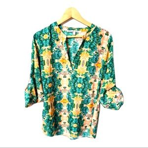 Collective Concepts impressionist ink blot long tab sleeve silky split neck #45B